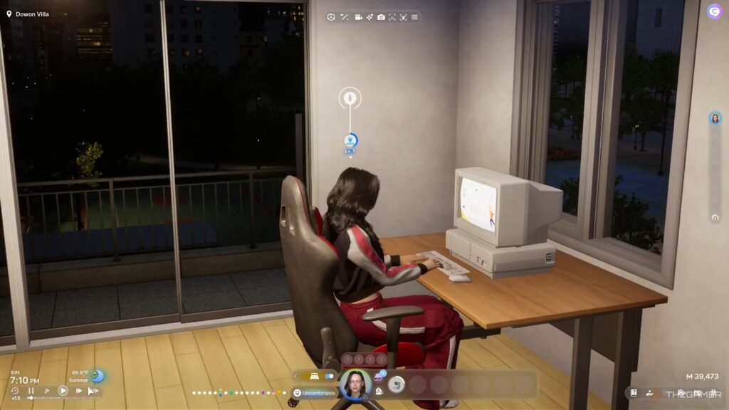 Woman in a tracksuit shopping online in InZoi