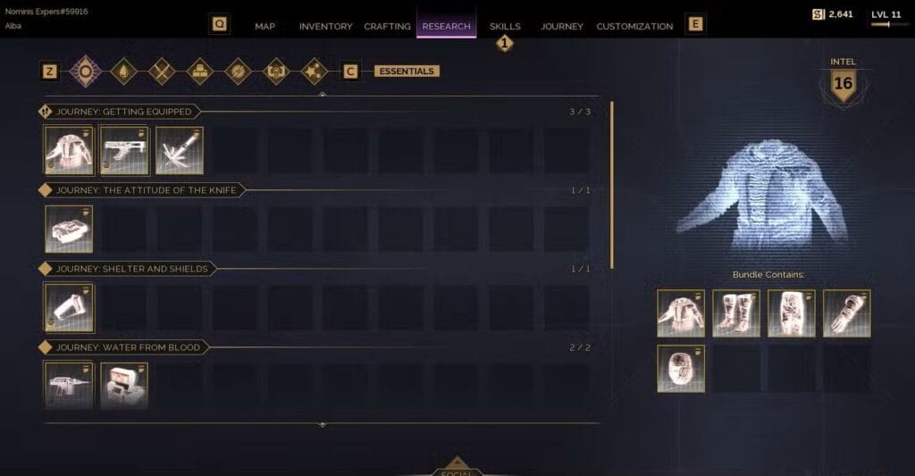 Dune: Awakening Research Menu Intel Points