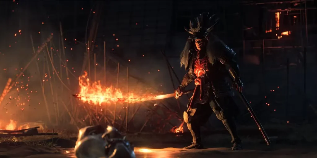 the one with a flaming sword and his mask on the ground in front of him in ghost of yotei